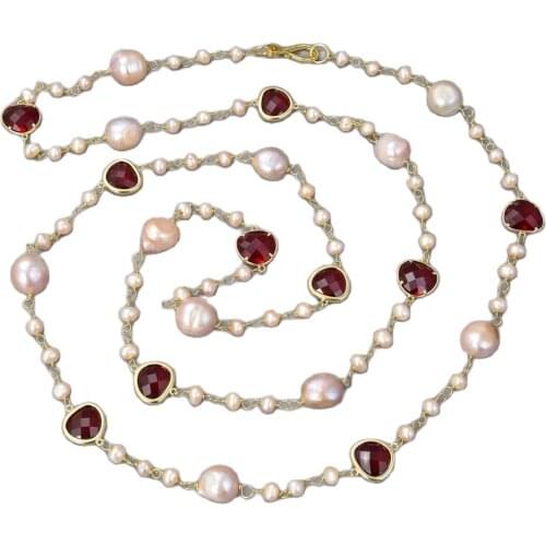 GG Jewelry 52'' Natural Pink Keshi Pearl Red Crystal Long Necklace For Women