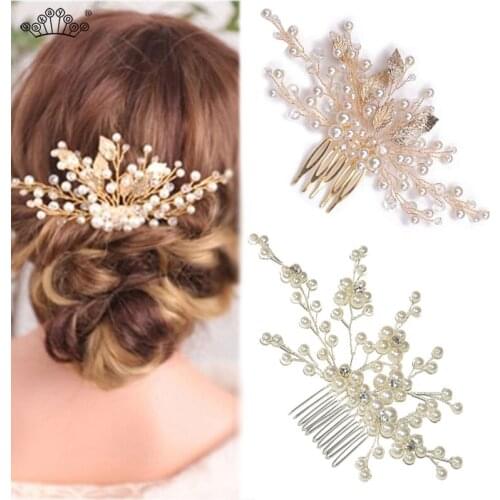 Gold Color Pearl Crystal Wedding Hair Combs Hair Accessories for Bridal Flower Headpiece Women Bride Hair ornaments Jewelry