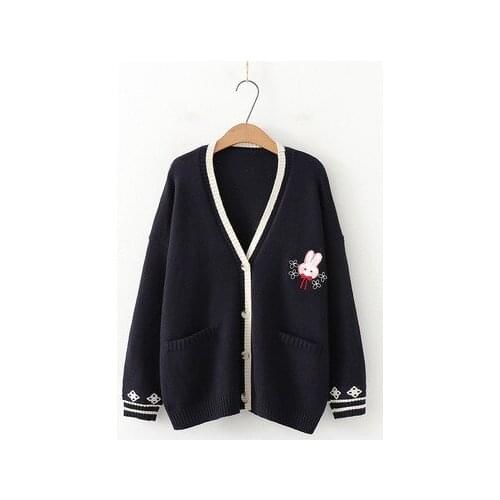 Autumn Winter New Rabbit Embroidery Cardigans Long Sleeved Sweater Women Loose V-Neck Pockets Coats Outwear Kawaii Cute Navy New