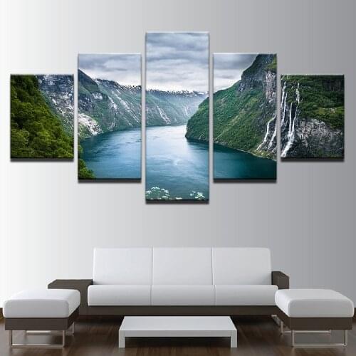 Canvas Pictures Living Room Decor Wall Art 5 Pieces Green Mountain And River Poster Prints Natural Landscape Paintings Framework