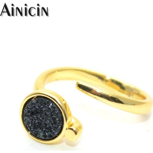 Natural Black Drusy Crystal Finger Rings Adjustable Fashion Women Party Jewelry Gift Gold Silver Plating