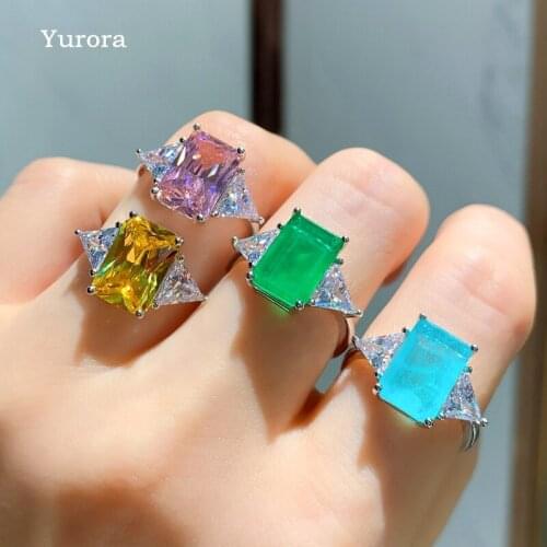 Luxury Silver Color Paraiba Tourmaline Topaz Emerald Gemstone Rings For Women Crystal Adjustable Rings Wedding Bridal Jewelry CZ