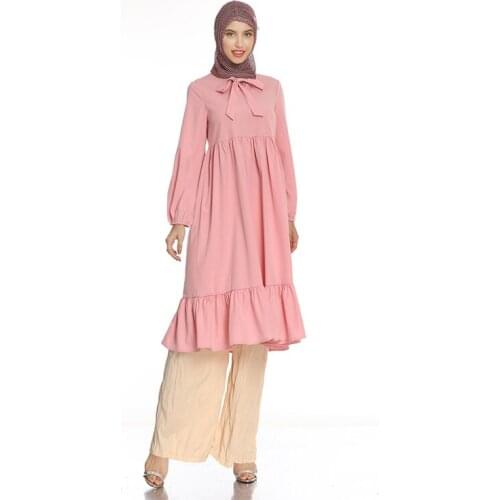 2PCS Muslim Set Abaya Women Casual Loose Tops Pants Ruffle Bowknot Girl Sweet Turkish Islamic Clothing Ramadan Full Cover Kaftan