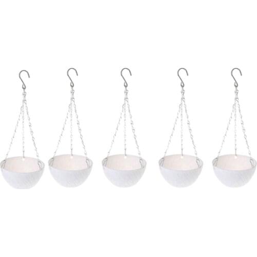 5Pcs Round Plastic Hanging Basket Flower Pot 16X10cm Garden Plant Chain Planter Decoration Hanging Flower Pots(White)
