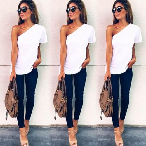 Summer Chic One Shoulder T-Shirt Women Casual Top Tanks Vest Short Sleeve Solid Simple Design Cotton T-shirt