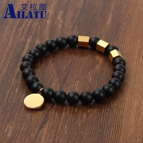Ailatu Men Stainless Steel Hexagon Bracelet 8mm Natural Howlite Stone Diffuser Bracelets Men Jewelry gift