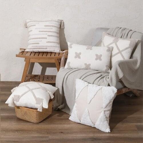 Beige Cotton Jacquard Cushion Cover Tassels Decoration Embroidery Pillow Cover 45x45cm/30x50cm Home Sofa Pilow Case Pillow Sham