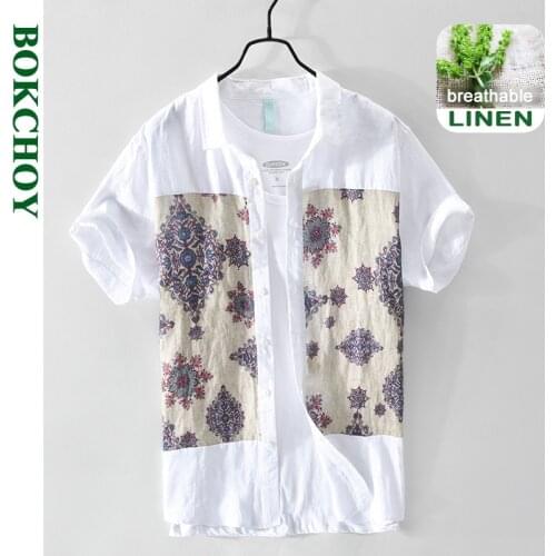 2021 Spring and Summer New Men Casual Stitching Printed Linen Short-sleeved Shirt Beach Style Lapel Top GA-672