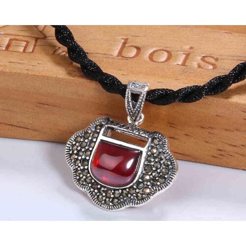 Jiashun Thai silver pendant female 925 silver inlaid gemstone national wind Ruyi lock jade safety lock necklace pendant
