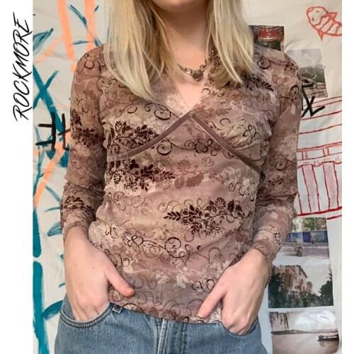 Rockmore Vintage Printed Mesh Top Women Long Sleeve T Shirt Harajuku V-neck Tee Female Streetwear Casual Fairy Grunge Clothes
