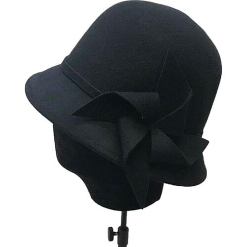 Fibonacci Black Hats For Women Fedora Large Brim Wool Felt Hat Ladies Wide Brim Vintage Church Cloche Cap Flower Round Top Hat