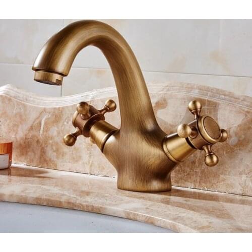 Antique Brass Faucets Bathroom Faucet basin Sink mixer tap swan neck Deck Mounted Double Cross Handles Single Hole Faucet anf035