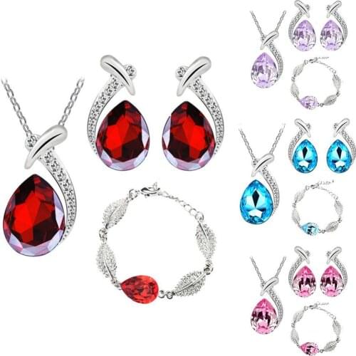 Stylish Ladies Rhinestone Inlaid Water Drop Pendant Necklace Bracelet Earrings Jewelry Set conjuntos de joias ювелирные наборы
