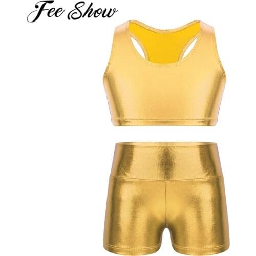 Baby Girls Dancewear Kids Shiny Metallic Sleeveless Racer Back Crop Top High Waist Dance Shorts Sports Gymnastic Workout Costume