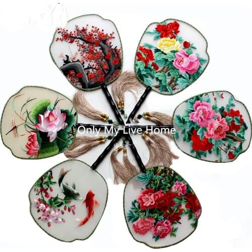 Vintage Ebony Handle Gift Fan Traditional Craft Chinese Fan Painting Hand Double Embroidery Mulberry Silk Hand Fan Decoration