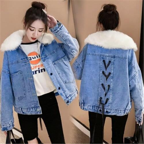 2020 Winter Fashion New Fur Collar Long-Sleeved Plus Velvet Denim Jacket Women Loose Thick Warm Short Cotton Coat Trend 211