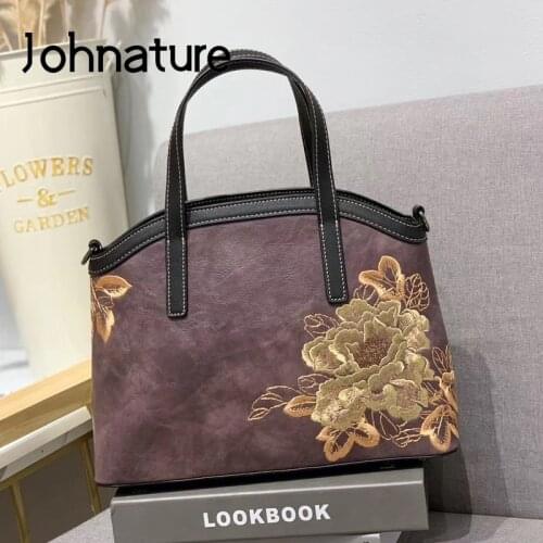 Johnature Elegant Female Bag 2020 New Handmade Embroidered Chinese Style Shoulder Bags Large Capacity Retro Women Handbag