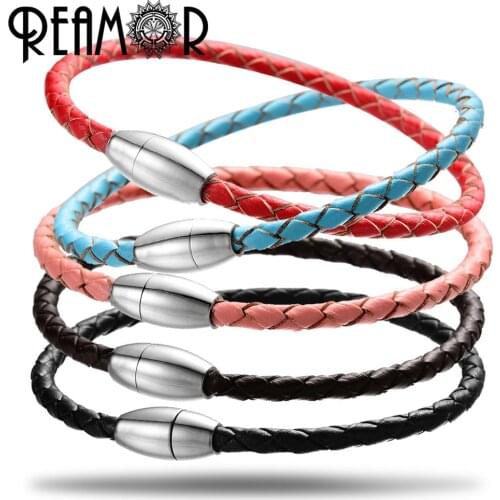 REAMOR Colorful 4mm Genuine Braided Leather Bracelets String Hole Beads Women Men Bracelet DIY Jewelry Making With Magnet Clasp