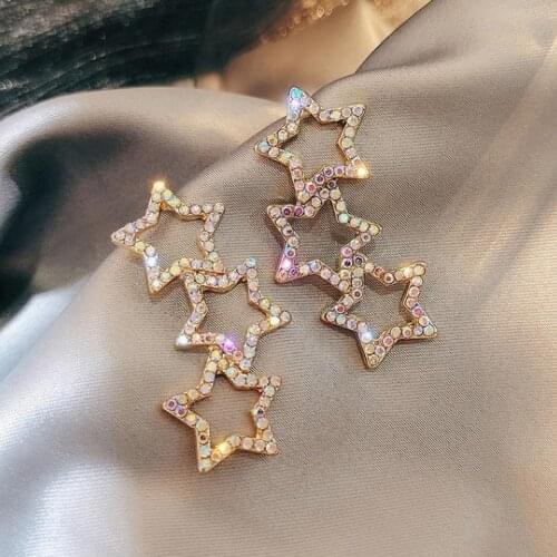 Women Colorful Rhinestone Hollow Star Linking Dangle Ear Stud Earrings Jewelry