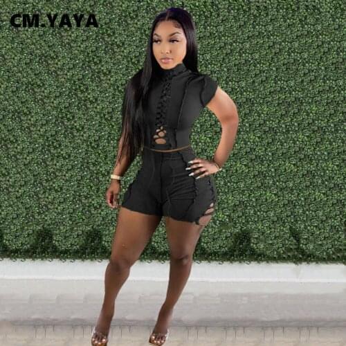 CM.YAYA Women Set Solid Bandage Crop Tops + Skinny Shorts Two 2 Piece Sets Active Tracksuit Sweatsuit Fashion Outfit Summer 2021