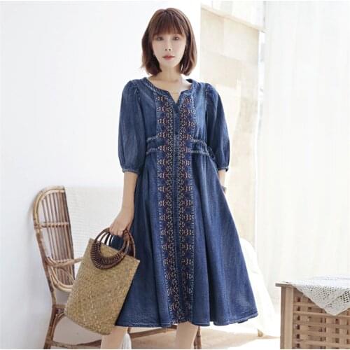 Women Denim Embroidery Dress Q6531 Vintage Cotton Single Breasted Dress Half Sleeve A-Line Loose Women Dresses Vestidos