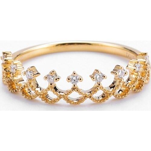 EDI Hollow Princess Crown Ring AU585 14k Solid Yellow Gold 0.09ct Carat Real Natural Diamond Wedding Ring Half Eternal Tail Ring
