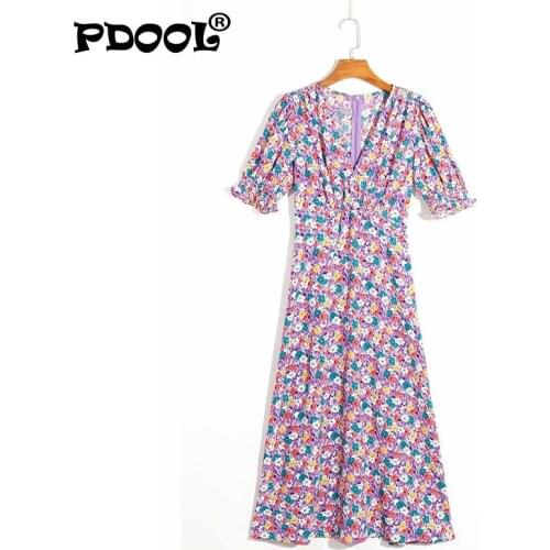 Summer womens dress casual flower print V-neck short-sleeved slim dress Vestidos