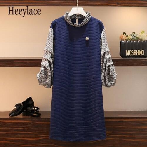 Plus Size Women Autumn 2019 Pleated Stand Collar Plaid Lantern Sleeve Patchwork Loose Casual Ladies Dresses with brooch L-4XL