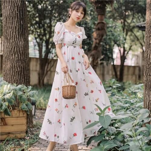2019 Elegant Summer New Arrival Hot Sale Flower Printed V Collar Puff Sleeve Woman Chiffon Long Dress