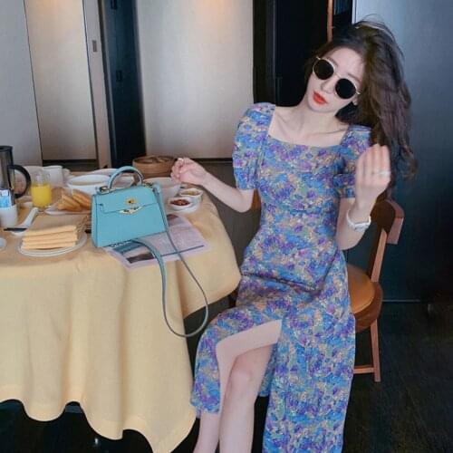 Square Neck Split Floral Women Dresses Clothing Casual Women Beach Fashion Pullovers Chiffon Dress Wearing Decor
