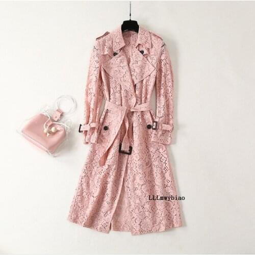 2020 Autumn Hollow-out Lace Trench Coat Women High Quality Elegant Single-breasted Solid Color Thin Windbreaker With Belt Z410