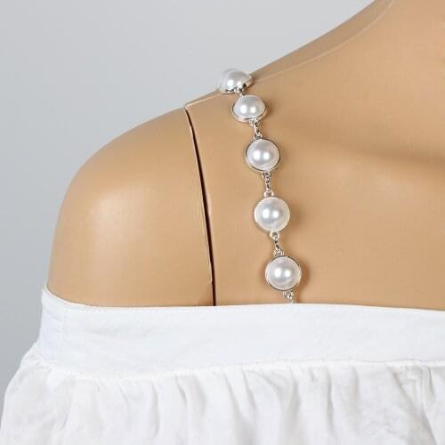 2PCS Fashion Beaded Shoulder Chain Women Imitation Pearls Invisible Bra Straps Replacement Removable Adjustable With Metal Hooks