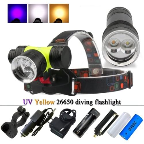 Diving headlight led multifunction UV hoofdlamp waterproof rechargeable flashlight forehead 26650 head torch farol bike fishing