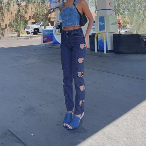 Womens Korean Slim-fit Trousers Casual Pants Summer Streetwear Y2K Heart-shaped High-waist Straight-leg Cut-out Ripped Jeans