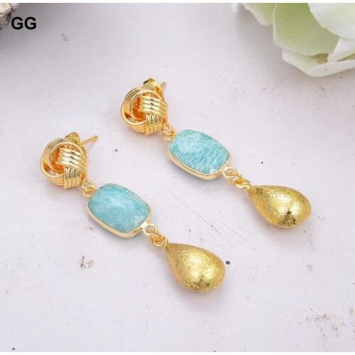 GuaiGuai Jewelry Natural Amazonite Rectangle 24 KT Gold Color Plated Bezel Dangle Stud Earrings