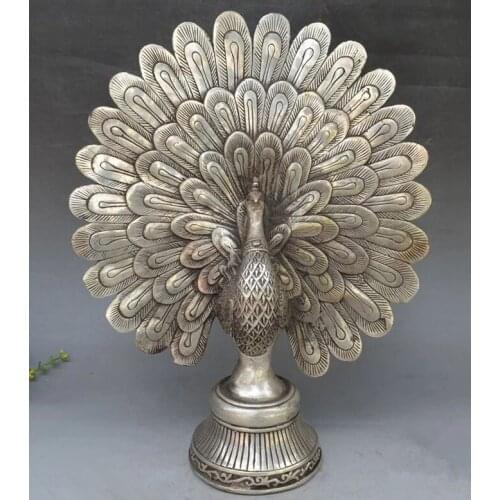 Chinese Tibet silver carved peacock sculpture
