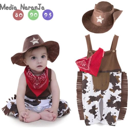 Baby boy romper costume infant toddler cowboy clothing set 3pcs hat+scarf+romper halloween purim event birthday outfits