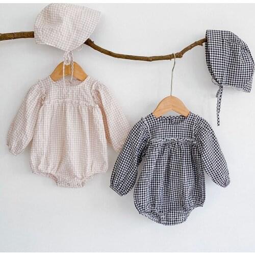 Korean Style Spring Autumn Baby Girls Clothes Infant Baby Girls Jumpsuit+Hat Toddler Baby Girl Lattice Cotton Long Sleeve Romper