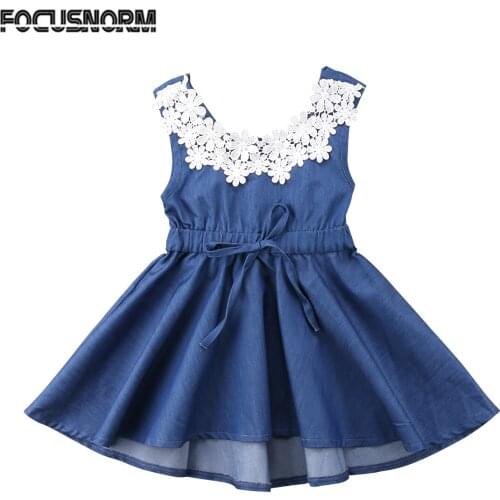 Cute Toddler Kids Baby Girls Lace Floral Sleeveless Denim Dress Princess Party Dress Sundress 1-6Y
