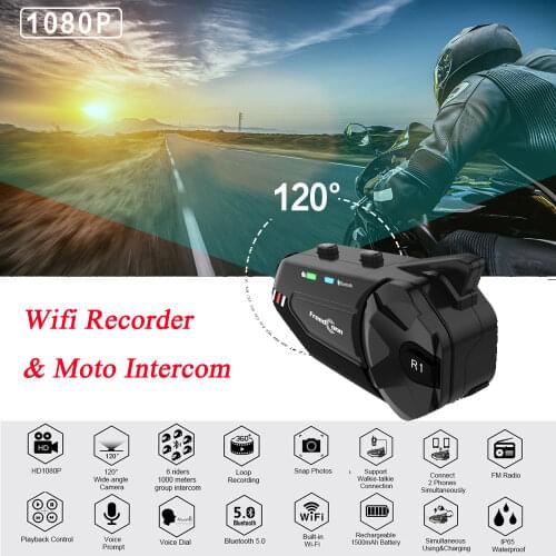 Freedconn R1 Plus Wifi Recorder Motorcycle Group Intercom HD 1080P Video 6 Riders Bluetooth FM Wifi Helmet Interphone Headset