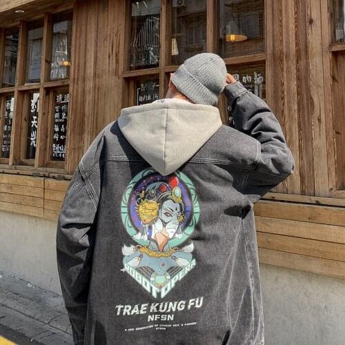 2021 Mens Oversized Vintage Punk Denim Jacket Male Y2k Korean Fashion Coats Men Japanese Streetwear Hooded Jean Jacket