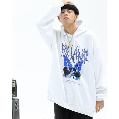 Mens Sweatshirt Spring New Butterfly Letter Printing Dark Black Sweatshirt Hip-Hop Street High Street Pure Cotton Loose Hoodies