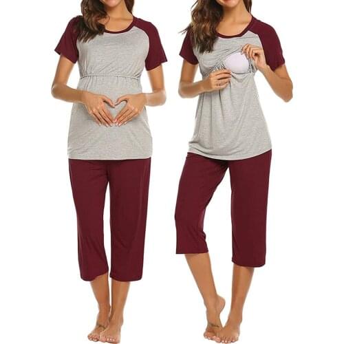 Women Maternity Nightgown Pregnant Short Sleeve Nursing Baby Top T-shirt+4/3 Pants Pajamas Set Sleepwear Ropa Mujer Embarazada