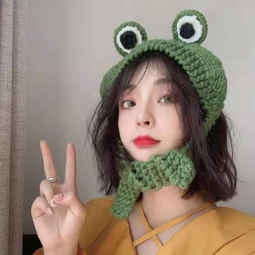 KLV New Women Men Cute Frog Eyes Weave Knitted Skullies Beanie Hat Solid Color Chunky Crochet Harajuku Winter Warm Earflap Cap