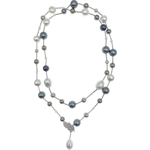 Gray Black White Multicolor Round Baroque Shell Pearls Long Necklace Stainless Steel Pipes Adjustable For Women Gifts 38 Inch
