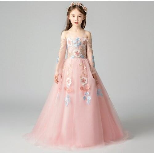 Flower Girl Dresses Illusion Embroidery Off The Shoulder Boat Neck Full Princess Tulle Lace Floor-Length Kids Party Gown H659