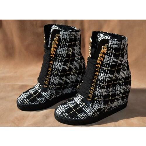 Drop Shipping Woman Brand 100% Real Photos Canvas Gold Chains Lace Up Front Round Toe Height Increasing 8 cm Wedge Short Boots