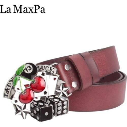 Fashion punk Rock style belt Lady luck Poker dice pattern hip hop metal buckle genuine leather belt men birthday gift