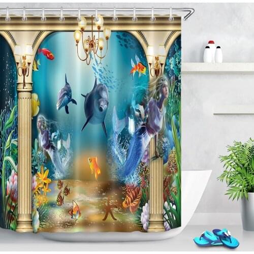 Luxury Undersea Palace Fish Dolphin Mermaid Shower Curtain and Mat Set Waterproof Polyester Bathroom Fabric for Bathtub Decor