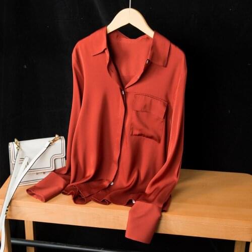 NEW Real Silk Long-sleeve Shirt 95% Mulberry Silk Top Women Loose Red Blouse M L XL Free Shipping